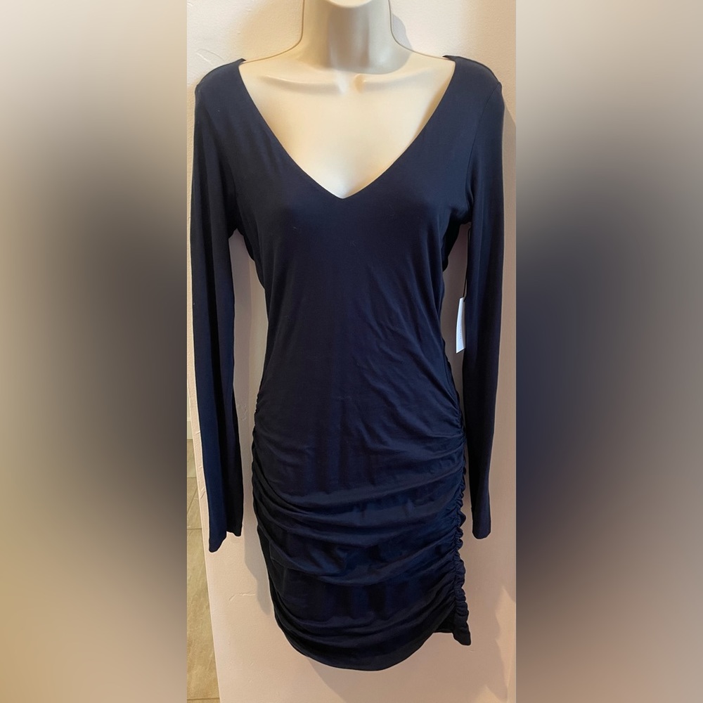 NEW Navy cotton dress with shirred/ruched back & side seams for flattering fit